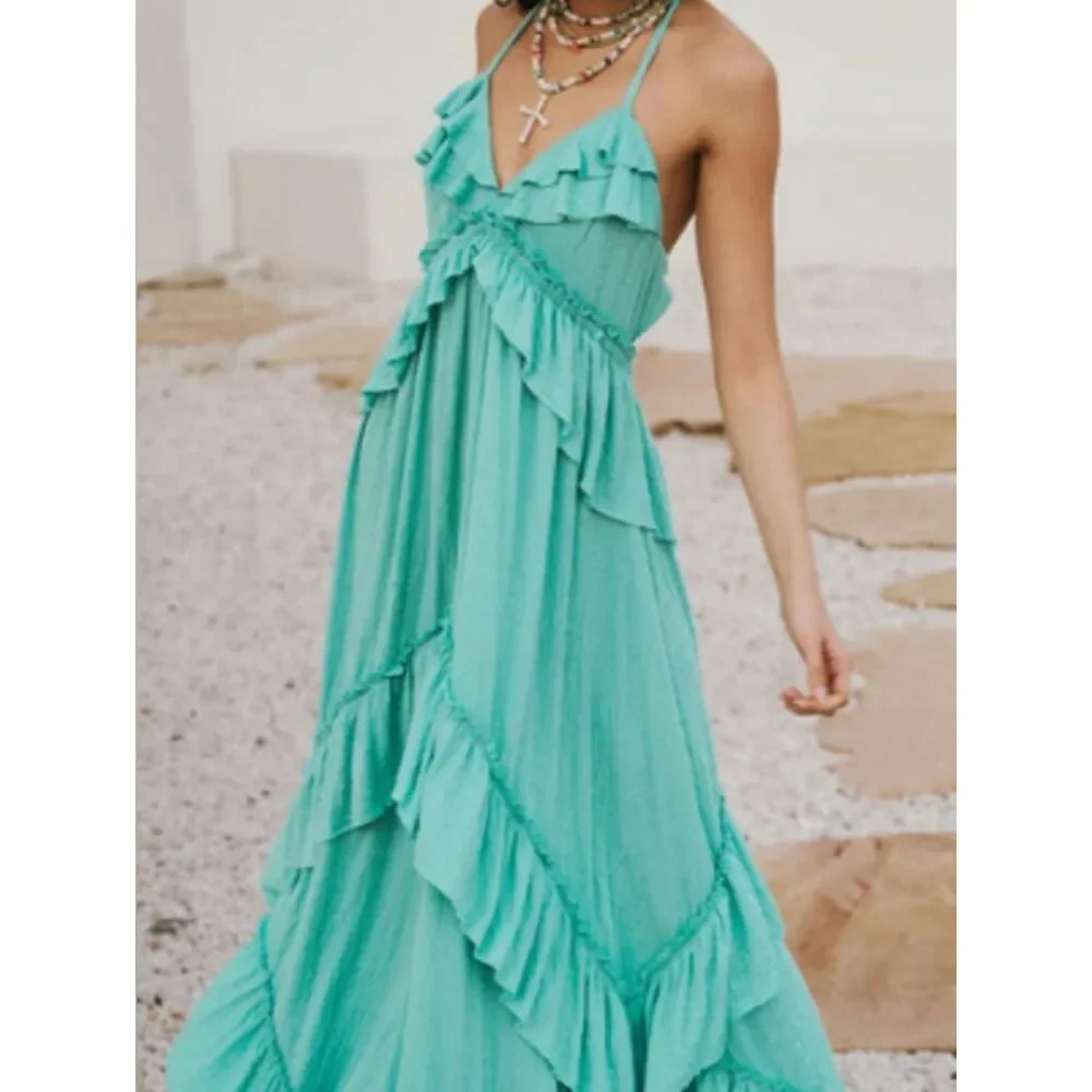 Whimsical Seafoam Green Bohemian Tie-Back Maxi Dress  Size S M L XL
